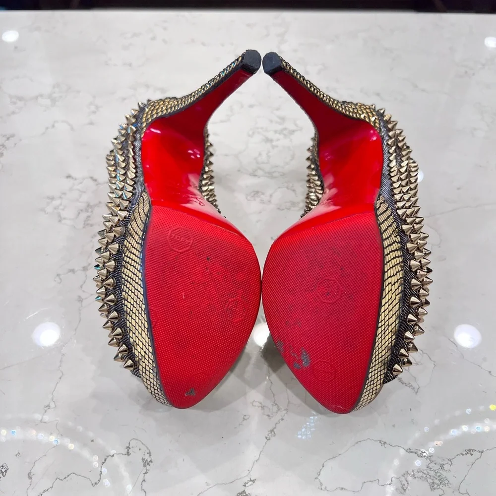 Rare Christian Louboutin Lady Peep Spikes Hematite/Bronze Strass 37.5 - Picture 10 of 15